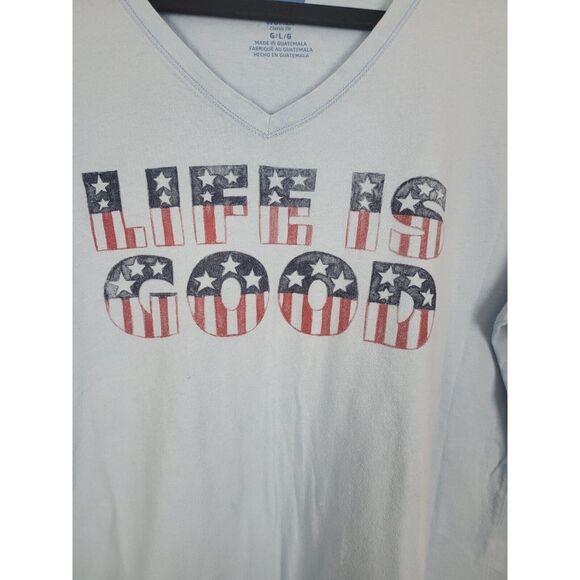 Life Is Good Patriotic T Shirt Large Womens V Neck Blue Pullover Stars Striped - Picture 3 of 6